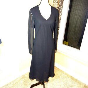 Lori Ann Montreal black sheath midi dress, long sheer buttoned sleeves women’s